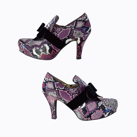 Lola Ramona Shoes - Lola Ramona Leather Snakeskin Pump Sz 10 Velvet Bow Purple Whimsigoth Y2K Pinup